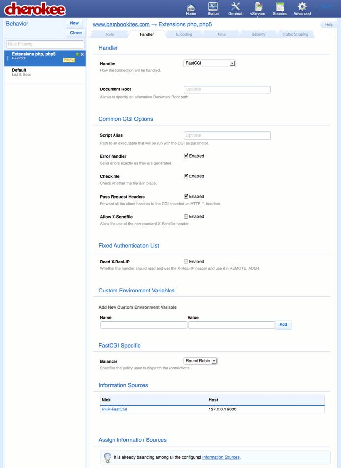 FastCGI settings for a new extensions rule on the “Behavior” tab on the “vServers” page of the Cherokee admin panel on Fedora 13. FastCGI settings for a new extensions rule on the “Behavior” tab on the “vServers” page of the Cherokee admin panel on Fedora 13.