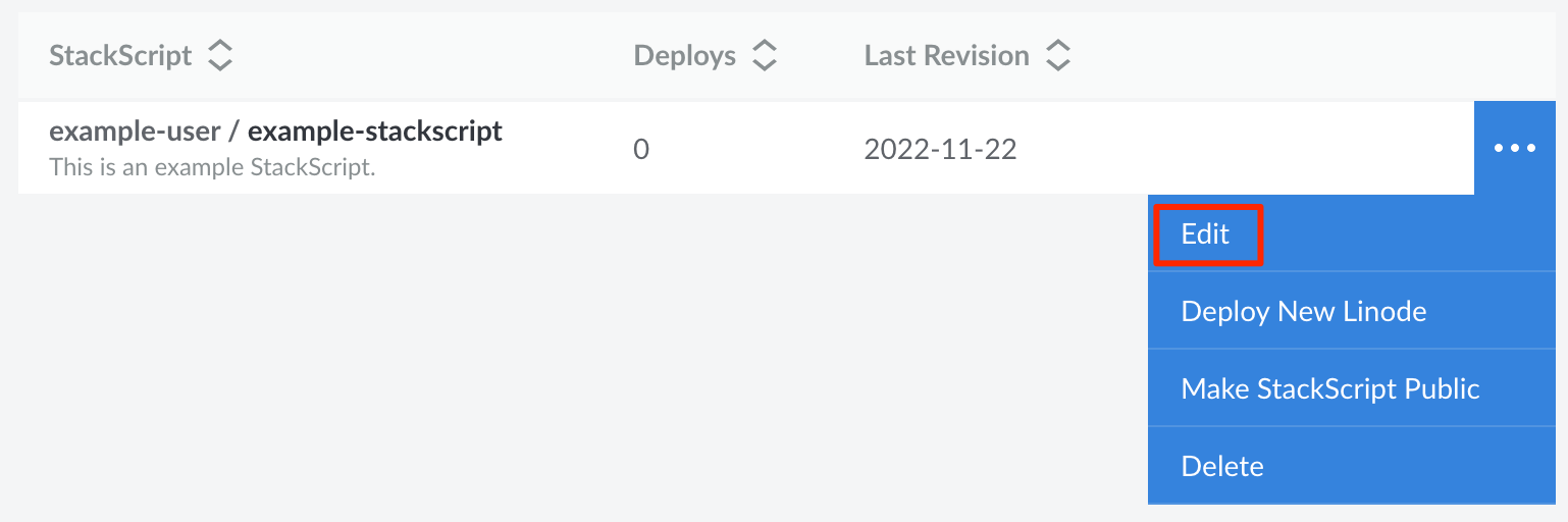 Screenshot of the edit button for a StackScript